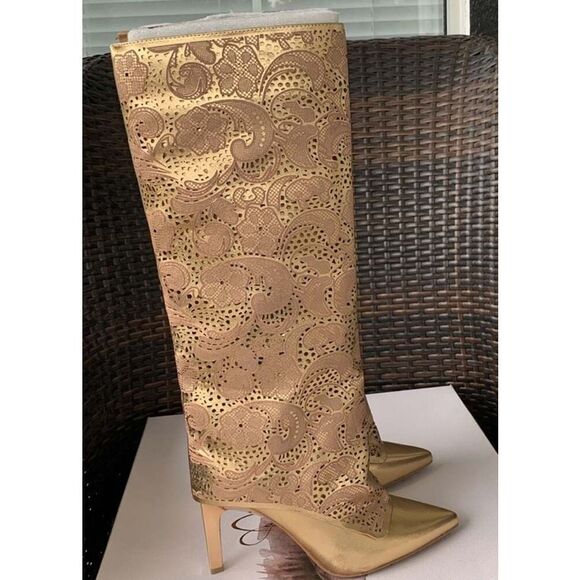 Jessica Simpson BRYKIA2 Gold Hollow Out Pointed Toe Knee High Western Boots - Picture 7 of 12